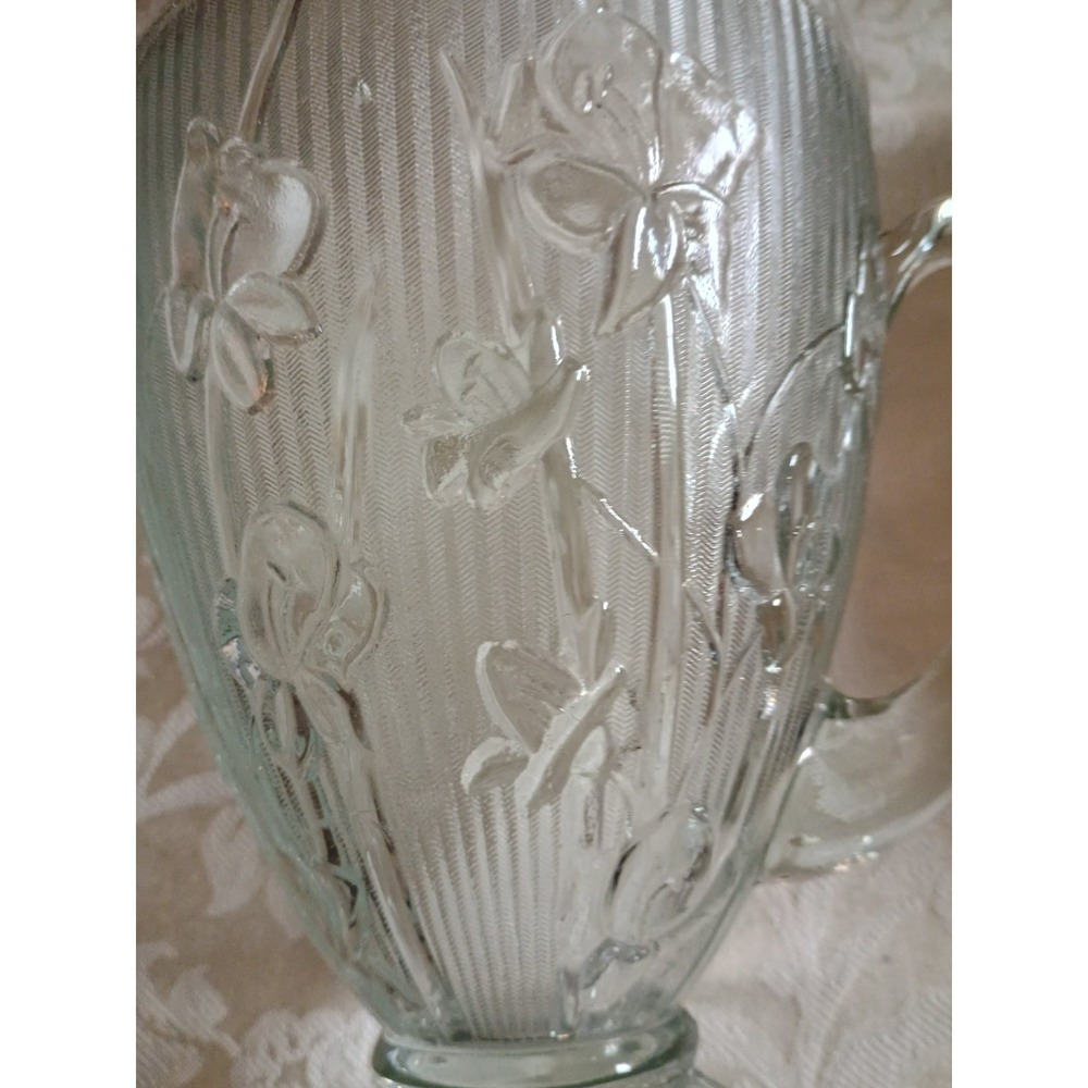 Vintage Jeanette Iris Floral Clear Glass Pitcher Vase Dainty Art Deco